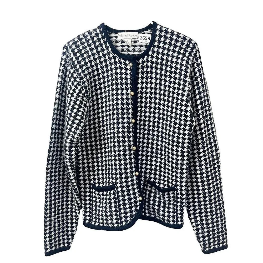 Vtg Valerie Peyson Womens Black White Knit Cardigan M Herringbone Gold Buttons